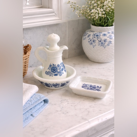 Avon Other - Avon Vintage Delft Floral Milk Glass Vanity Set – Pitcher, Basin & Soap Dish